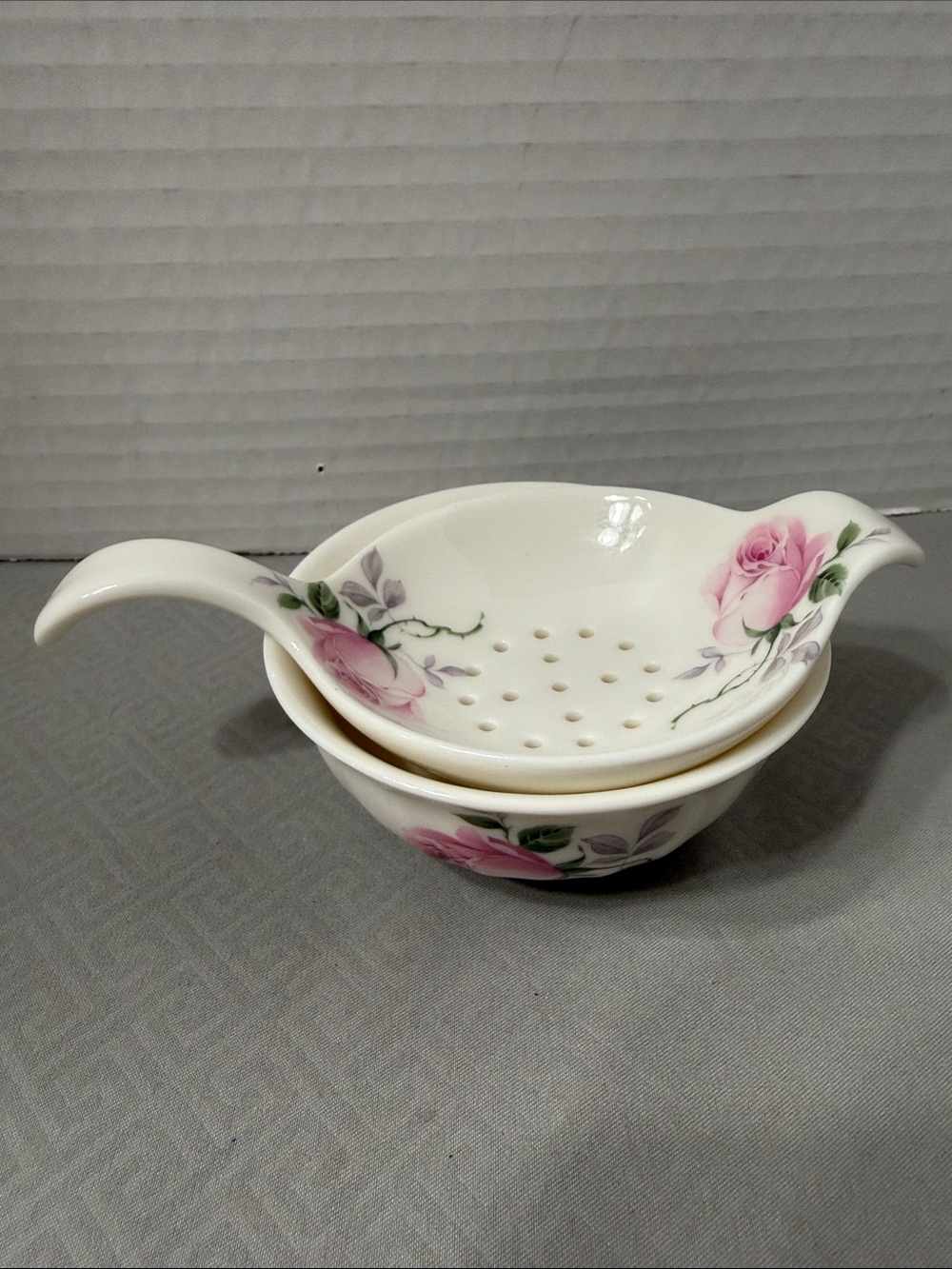Vintage Allyn Nelson Bone China Tea Strainer Matching Drip Bowl Set Pink Floral